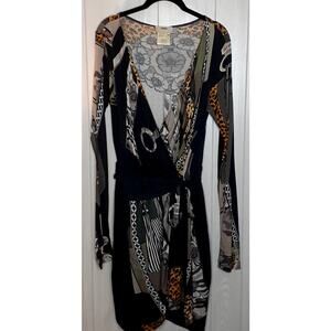 Fuzzi Long Sleeve Wrap Dress Size Medium Gray Black Animal Print Cashmere Blend